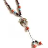 Pendant Necklaces Vintage Hollow Leaf Ceramic Watermelon Beads Long Tassel Pendants Necklace Flower Leaves Ethnic Wood Bead Charm Choker Jew
