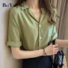 Dames Shirts Korte Mouw Koreaanse Vintage Effen Losse Witte Tops Vrouwelijke Knopen Harajuku Blouses Green Blusas Mujer 210506