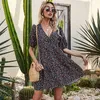 Fashion sexy V-neck holiday printed puff sleeves slim dress for womens high waist chiffon female beach mini Vintage 210508