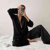 Hiloc Oversized Satin Silk Sleepwear Low Cut Sexy Pajamas For Women Single-Breasted Long Sleeves Wide Leg Pants Trouser Suits 211211