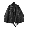 Fi Spring Autumn Faux Leather Jacket Loose Casual Coat Female Drop-shoulder Motorcycles Outwear With Belt 211110