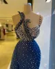 Aso Ebi 2021 Arabic Plus Size Navy Blue Luxurious Evening Dresses Beaded Pearls Sheath Prom Formal Party Second Reception Gowns ZJ063