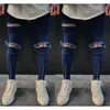 Chłopcy Mężczyzna Moda Blue Ripped Skinny Stretch Biker Zipper Jeans Pant Spodnie X0621