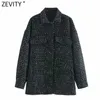 Zeefity Dames Vintage Plaid Casual Black Wollen Shirt Jas Vrouwelijke Chique Lange Mouwen Uitloper Jas Streetwear Pockets Tops CT627 210603