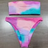 2021 Sommer Damen Tie-Dye Allmählicher Split Sexy trägerloser Strand-Badeanzug Dreiteiliges Set Badebekleidung Versandfertig