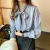 Loose Korean Tops Spring Satin Chiffon Blouse Women Fashion Blue Long Sleeve Shirt White Office Lady Clothes with Bow 10691 210323