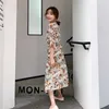 Elegant Printed Belt Dress Women Chiffon Long Beach Loose Half Sleeve V-neck A-line Sexy Party Vestidos de fiesta 210601