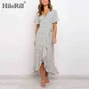 Tryckt lång maxi klänning kvinnor v nacke boho strand split ruffles flare kort ärm wrap es damer sundresses 210508