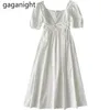 Casual Square Collar Short Sleeve Midi Elegant Dress Women Bow Tie High Waist Loose Cotton Solid Dresses Summer 210601