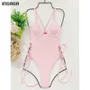 Ingaga Push Up Swimsuits Dames Badmode Lace-Up Bodysuits Effen Hooggeslepen Bathers Sexy Backless Bathing Suits 210625