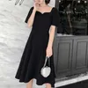 PERHAPS U Black Solid Square Collar Empire Short Sleeve Midi Dress Fit And Flare Vintage Summer D0508 210529