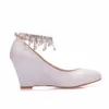 Women Shoes Wedge High Heels Pointed Toe Office Wedding Party Spring Autumn White Bridal Pumps Pearl Diamond Chain