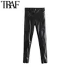 TRAF Mulheres Vintage elegante Faux Pu Couro Skinny Calças Fashion Lateral Zíper Elástica Cintura Elástica Slim Fit Feminino Azul 210721