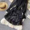 Autumn Vintage Stand Collar Puff Sleeve Dress Elegant Women Lace Patchwork Black Chiffon 210430