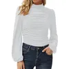 T-shirt das mulheres outono vestuário inverno sólido lanterna mangas ruched slim básico senhoras sexy rua casual moda manga longa tops