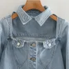 Sexy Hollow Long Sleeve High Waist Exposed Navel Chic Women's Denim Jacket Lapel Personality Casual Holiday Party Female Coat 210507