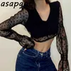 Sexy Slim Short White Backless Shirts Tops Black V Neck Flare Sleeve Mesh Blouse Women Summer Chic Blusas De Mujer Lace Up 210429