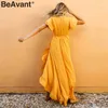 BeavantSexy V-Neck Ruffled Boho Sukienka Kobiety Bawełna Krótki Rękaw Wakacyjny Plaża Maxi Dress Casual Solid Yellow Letni Wrap Sukienka 210709