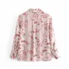 Frauen Shirts Rosa Blumen Druck Button Up Weibliches Hemd Frühling Mode Tasche Langarm Streetwear Elegante Bluse 210519