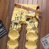 Men's Slim Lotus Flower Bird Printed Jeans Fashion Chinese Painting Yellow Denim Pants