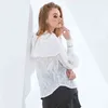 Biała koszula haftu dla kobiet stać kołnierz puff z długim rękawem elegancki Zobacz bluzkę kobiet wiosna mody 210524