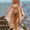 Open Front Maxi Dress Pink Silver Solid Sexy Bikini Wrap Long Sleeve Mesh Belt Sun Protection Summer Beachwear