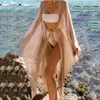 Öppen front maxi klänning rosa silver solid sexig bikini wrap långärmad mesh bälte solskydd sommarstrandkläder