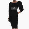 Free Chic Velvet Dress Women's Off Shoulder Puff Sleeve Diamond Button Celebrity Club Party Black 210524