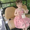 Filles été robe jarretelle col carré boutons Style coréen mignon bébé enfants vêtements vêtements pour enfants 210625