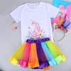 Clothing Sets Fashion Unicorn round neck T-shirt Lace Princess short skirt + cartoon hairpin four piece set wholesale Christmas Dress