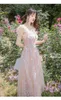 Elegante vrouwen pailletten vierkante kraag mesh lange jurk vintage zomer Franse ruches mouwloze hoge taille slanke fee 210519