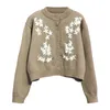 Women Short Cropped Sweater Knitted Crew Neck Cardigan Button Khaki Deep Green Embroidery Floral M0272 210514