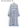 beauty Boho Blue White Floral Print Maxi Dress Women Beach Style Long Sleeve Fashion Lady's Dresses 210514