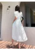 [EAM] Women White Elegant Irregular Long Dress V-Neck Short Puff Sleeve Loose Fit Fashion Spring Summer 1W513 210512