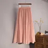 Women's Elegant 16 Color High Waist Elastic Linen Pleated Long Skirts Ladies Slim Casual Skirt Saias Summer SK05 210629