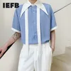 IEFB / desgaste masculino de verão camisa de manga curta masculino estilo coreano moda azul e branco contraste cor grande colarinho laço solto 9Y2967 210524
