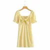 Bowknot Plaid Short Summer Beach Dress Donna Manica a sbuffo Stampa gialla Boho Mini A-line Vintage Casual 210427