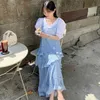 コレスパアの女性のドレスセット夏の韓国のシンプルなゆったりのバブルスリーブシャツとウェーブポイントプリーツフリルケーキスリングvestido 210526