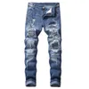 Jesień Spring Męskie Ripped Print Street Hip Hop Punk Stretch Bike Dżinsy Trendy Otwory Proste Drelichowe Codzienne 210622