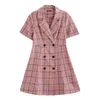 Koreaanse casual vrouwen plaid mode knop chique sexy korte grote maat korte mouwen jurk zoete Vintage ins 210608