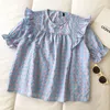 Kimutomo Summer Fresh Plaid Bluzka Kobiety Koreański Ruffles Szycie Krótki Rękaw O-Neck Cienka Koszula Eleganckie Casual 210521