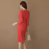 Осень мода твердые кружева лоскутное элегантное платье карандашом женщин установленные оболочки bodycon ol работа vestidos красный белый 210529