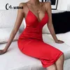 robe midi à col en v rouge