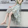 Jupe Femme Sommer Chiffon Rock Frauen Lace-up Lotus Blatt Strand Chiffon Röcke Unregelmäßigen Rock Fischschwanz Floral Midi Röcke 10232 210527