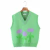 Damesmode oversized gebreide trui vest vrouwelijke v-hals mouwloze borst bloemen vest 210607