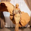 Champagne Detachable Train Africa Wedding Gowns Full Sleeve Pearls Vestido De Noiva Satin Mermaid Second Bridal Dresses