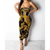 Women Sexy Fashion Gold Chain Print Dresses Sleeveless Bodycon Word Collar Backless Dress Vestidos De Verano