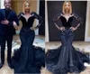 Sexy Black South African Mermaid Prom Dresses 2022 Lange Illusion Sleeves Tule Velvet Applique Kralen Avond Speciale Gelegenheid Cocktail Jurkjurken