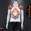2023 summer cotton men's tops short-sleeved printed t-shirts trend embroidery palace retro flowers slim cotton red bottoming 234r
