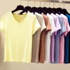 Moda Color Sólido Mujeres Camisetas Algodón Tallas grandes Damas Casual V Cuello Verano Ropa Femenina Blusas Mujer 13462 210521